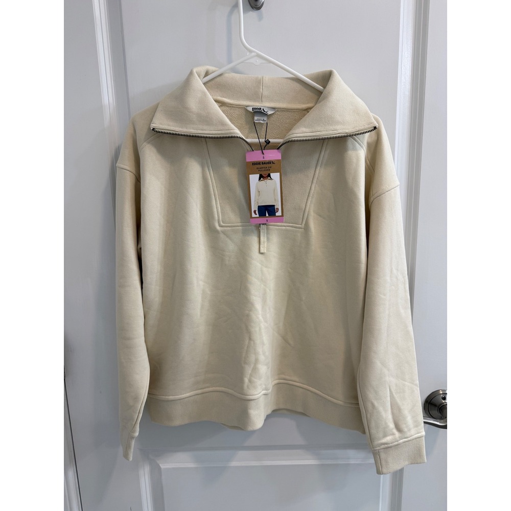 Eddie Bauer Womens Quarter Zip Pullover Sweatshirt Cream Ivory Small NWT